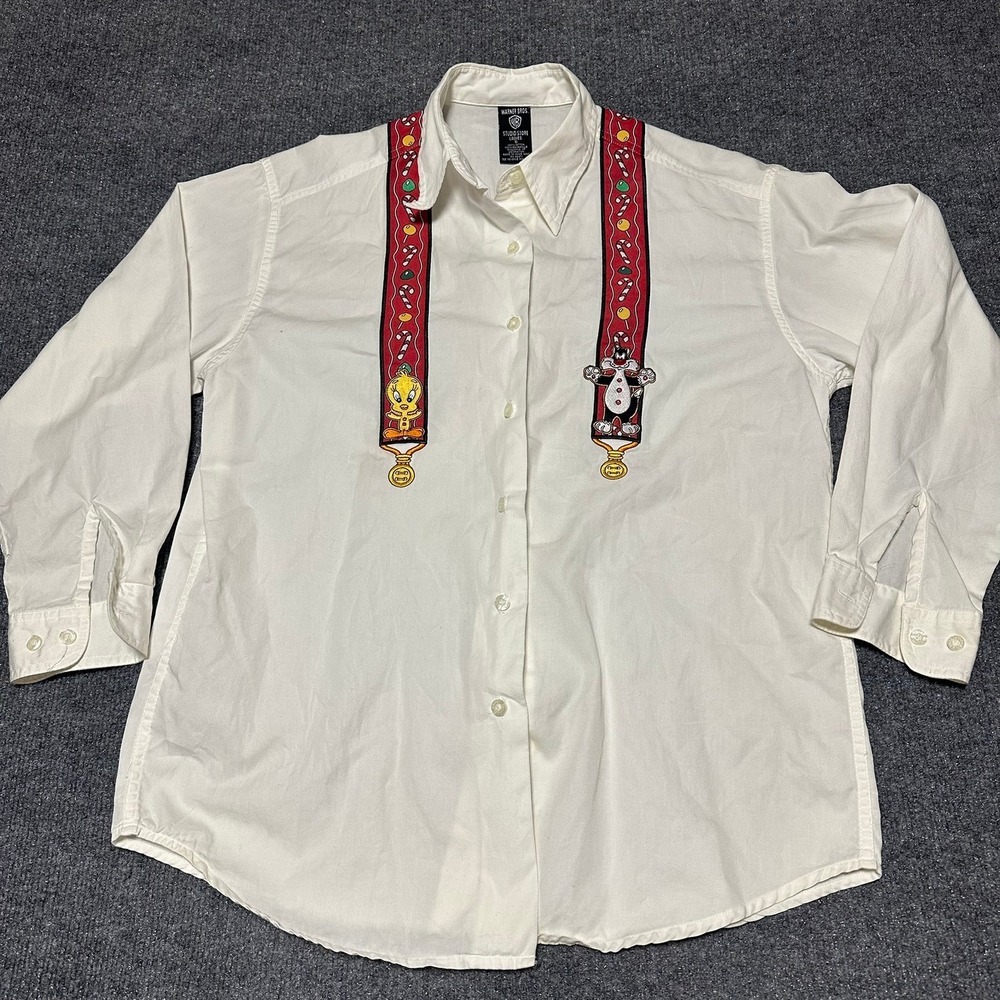 Warner Bros Looney Tunes‎ Christmas Suspenders Shirt White Vintage Tweety Taz S